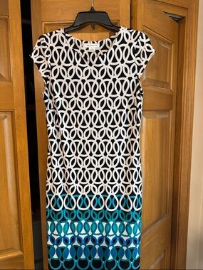 Liz Claiborne Black & Teal Geometric Cap-Sleeve Shift Dress